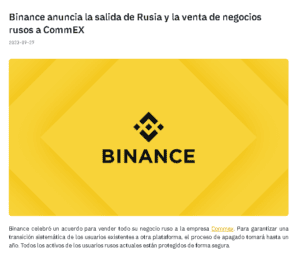 Binance comunicado oficial salida de rusia