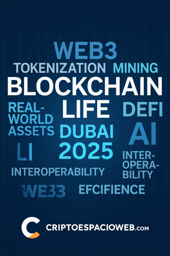 Asistentes y paneles en Blockchain Life Dubai 2025, el foro internacional de criptomonedas, Web3 y DeFi, celebrado en el Festival Arena. Imagen creada por CriptoEspacioWeb.com.
