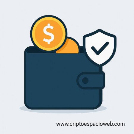 Ilustración de una billetera digital con monedas y un escudo de seguridad, simbolizando protección en criptomonedas