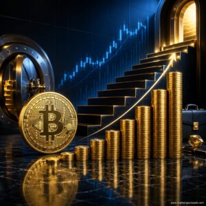 Bitcoin junto a monedas apiladas que representan el crecimiento del patrimonio