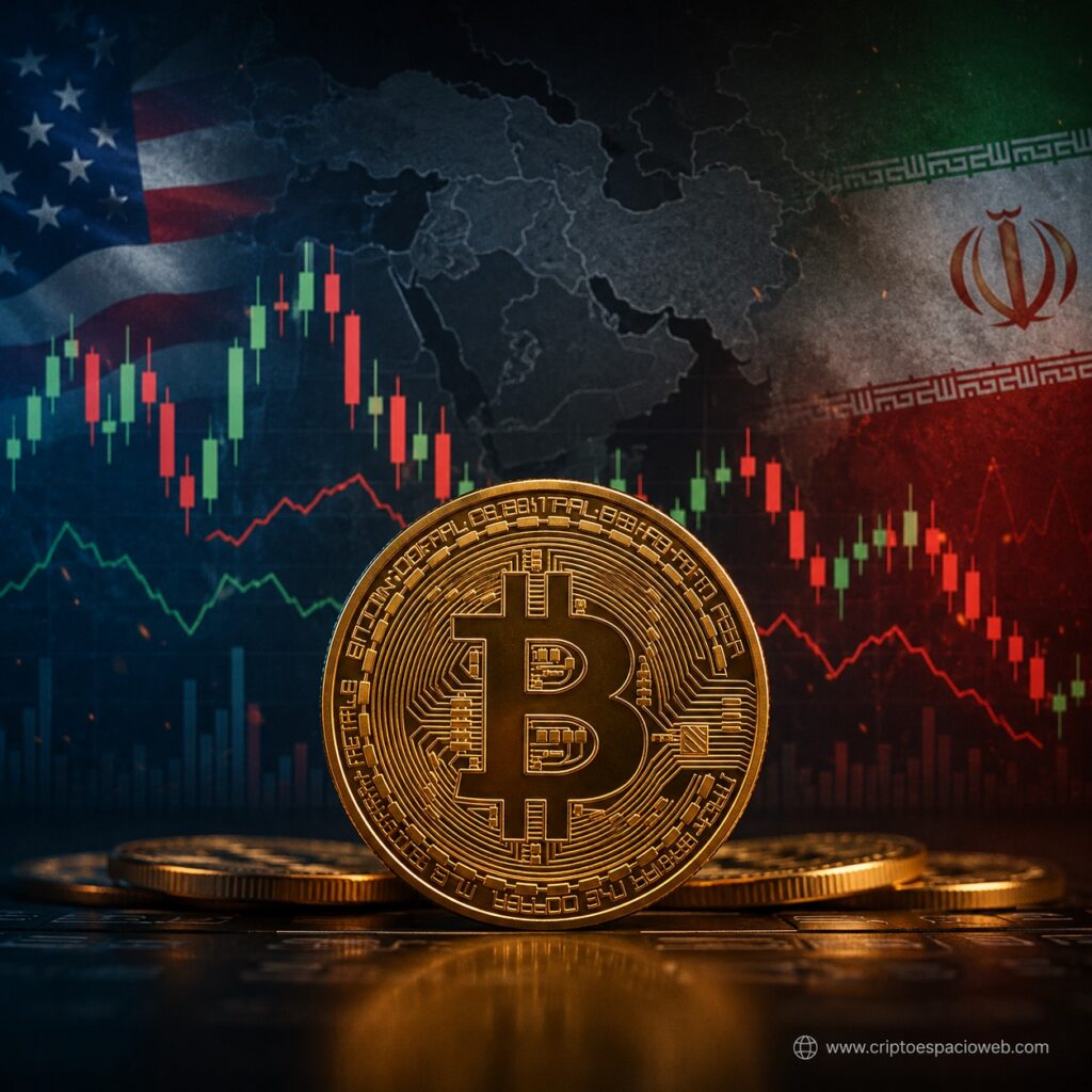Bitcoin frente a las banderas de Estados Unidos e Irán con gráficos de mercado en caída